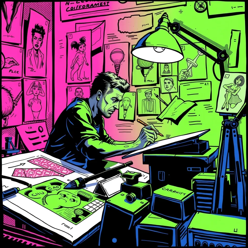Ilustrador entintando páginas de cómic